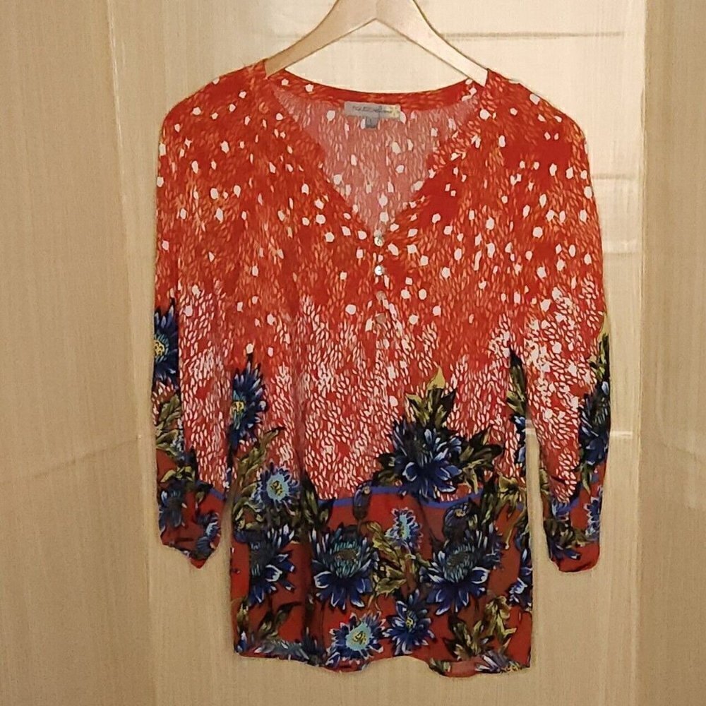 Figueroa & Flower Red Blue Floral Silky Blouse Large